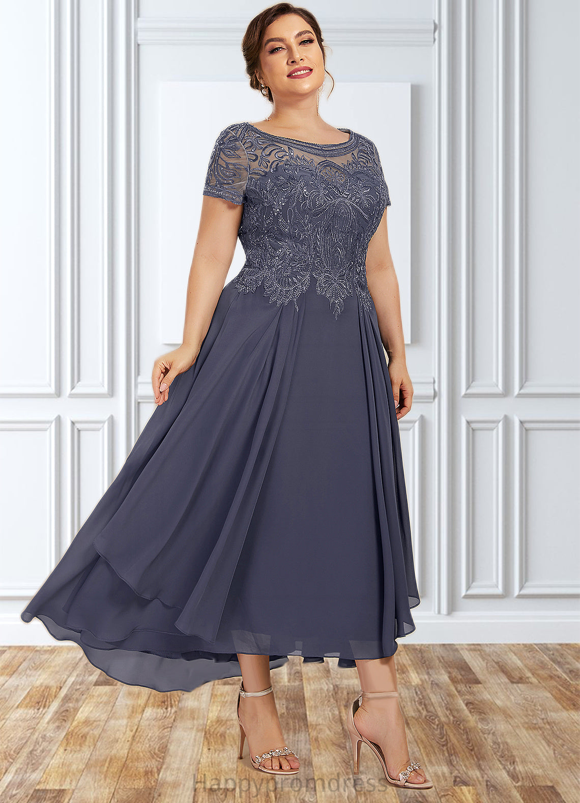 Scarlett A-Line Scoop Neck Asymmetrical Chiffon Lace Mother of the Bride Dress With Sequins XXS126P0014667