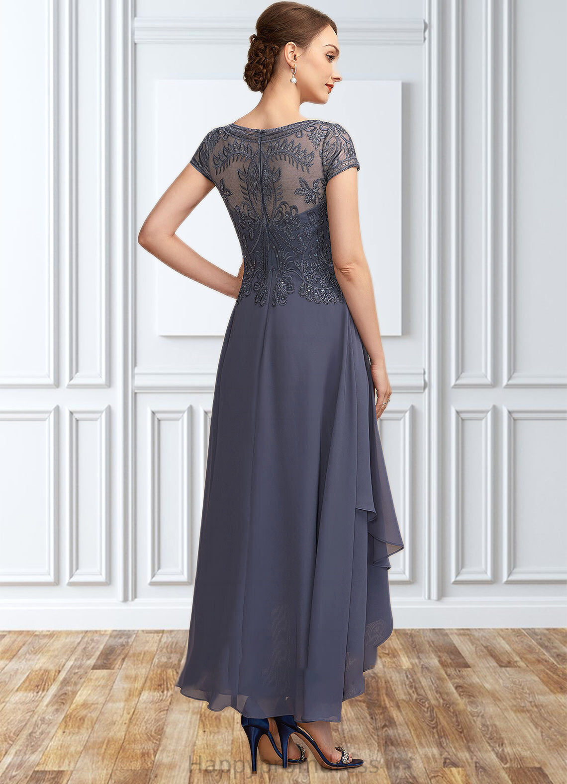 Scarlett A-Line Scoop Neck Asymmetrical Chiffon Lace Mother of the Bride Dress With Sequins XXS126P0014667