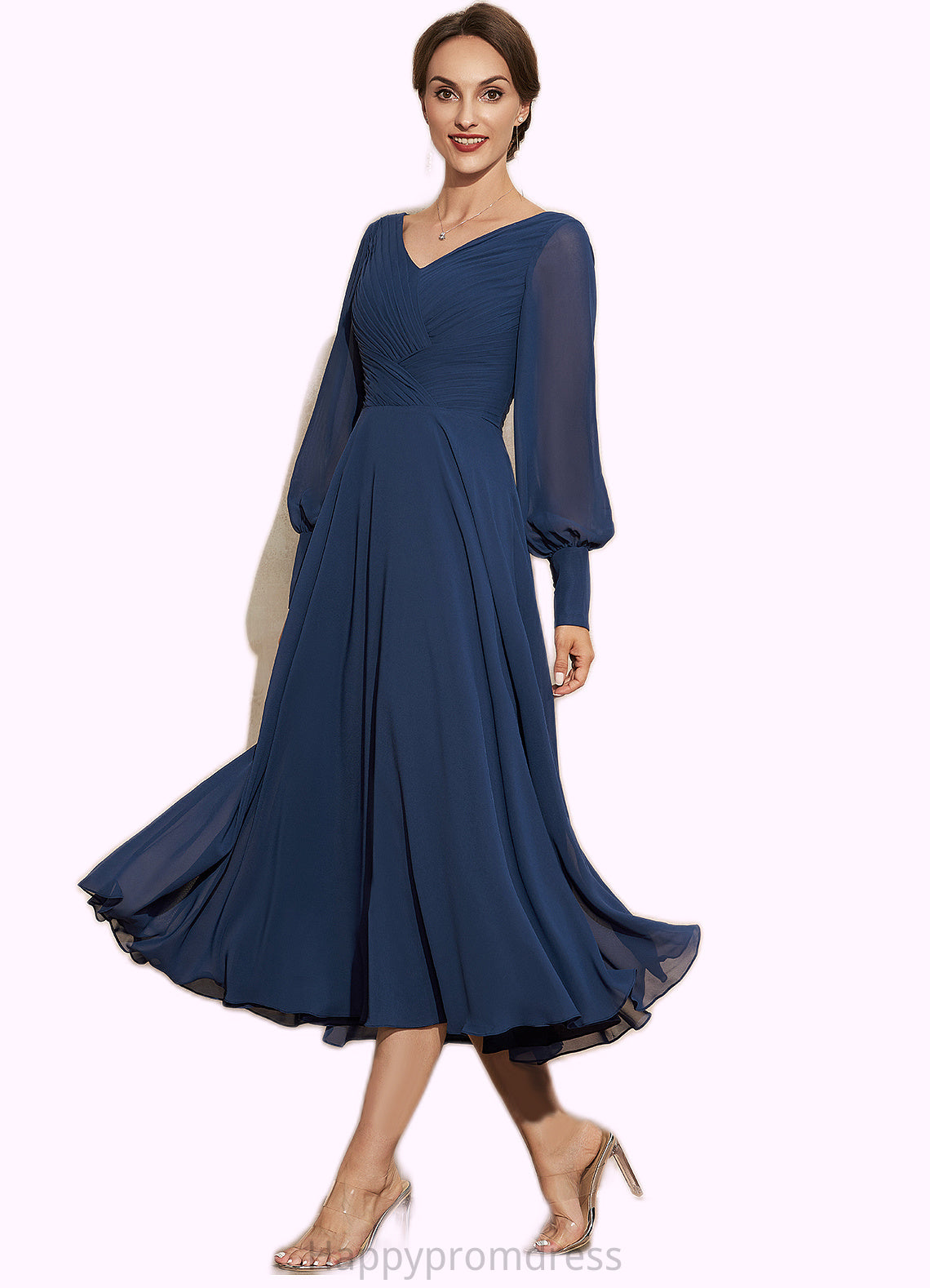 Chasity A-Line V-neck Tea-Length Chiffon Mother of the Bride Dress With Ruffle XXS126P0014669