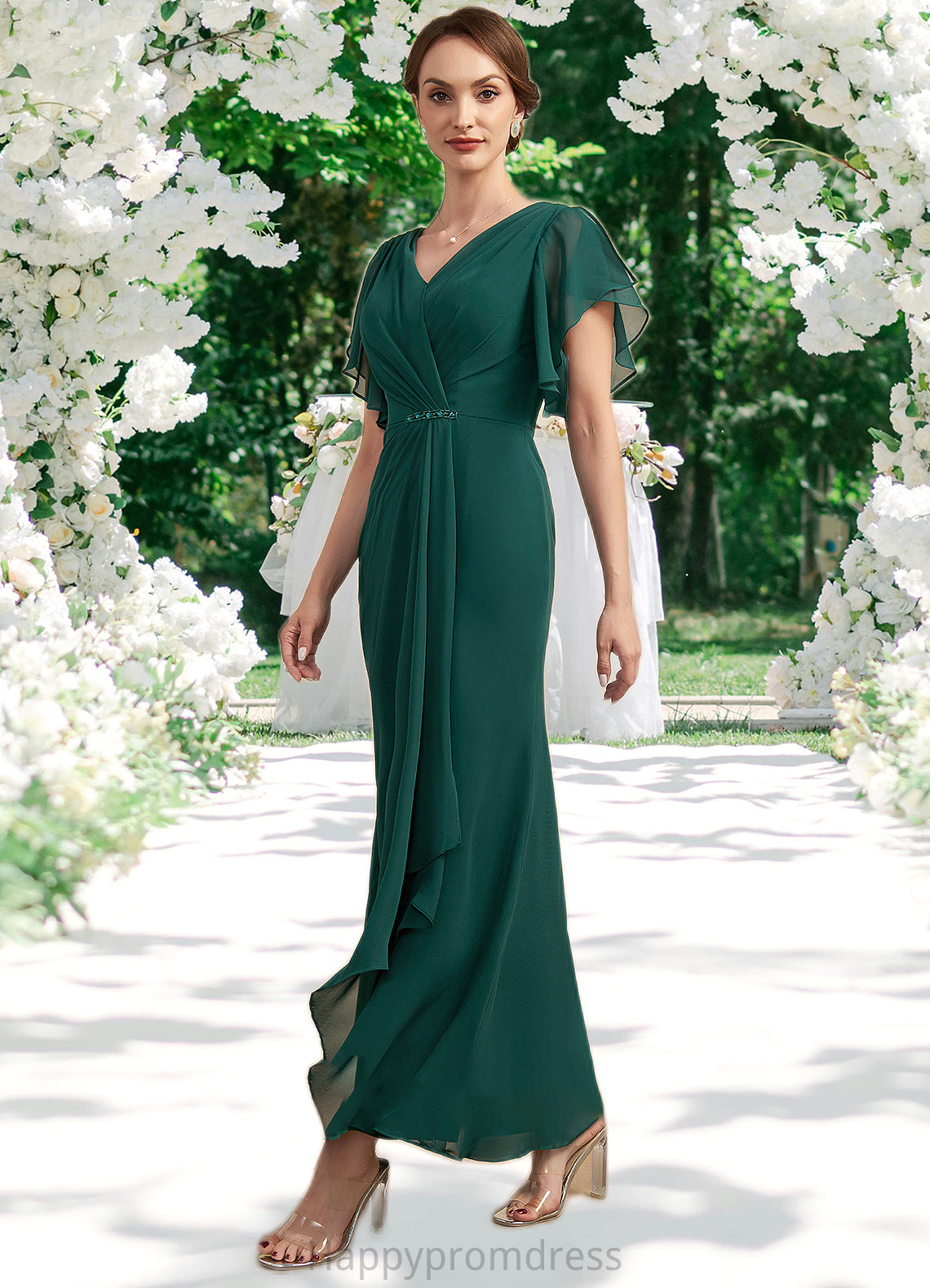 Kendall A-Line V-neck Ankle-Length Chiffon Mother of the Bride Dress With Ruffle Beading Sequins XXS126P0014672
