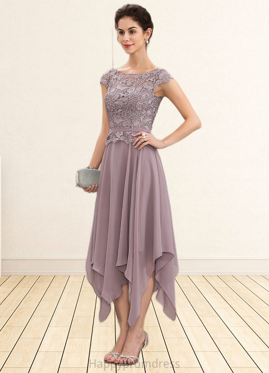 Cornelia A-Line Scoop Neck Ankle-Length Chiffon Lace Mother of the Bride Dress With Cascading Ruffles XXS126P0014673