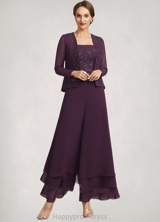 Edith Jumpsuit/Pantsuit Square Neckline Ankle-Length Chiffon Lace Mother of the Bride Dress With Sequins XXS126P0014676