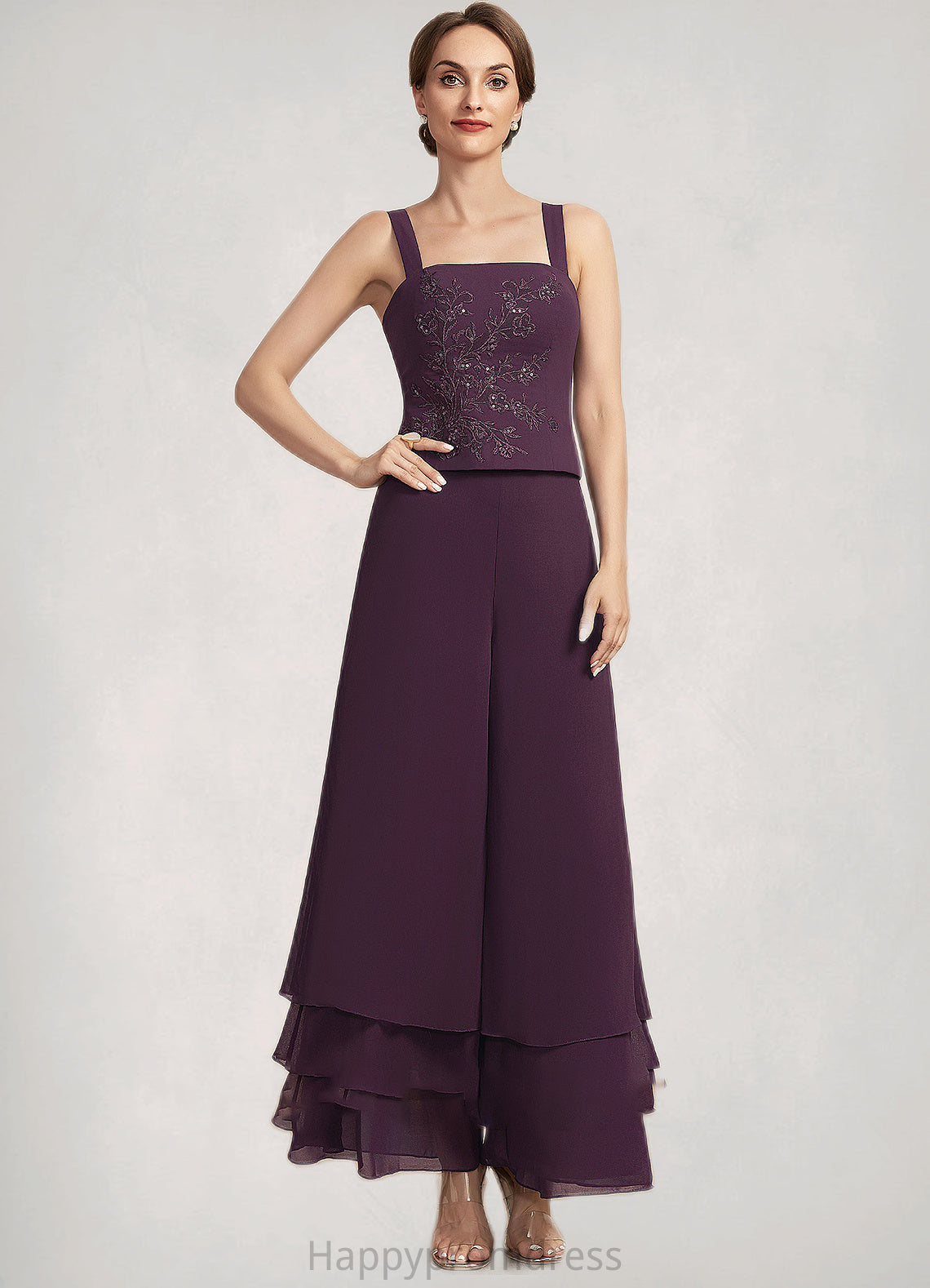Edith Jumpsuit/Pantsuit Square Neckline Ankle-Length Chiffon Lace Mother of the Bride Dress With Sequins XXS126P0014676