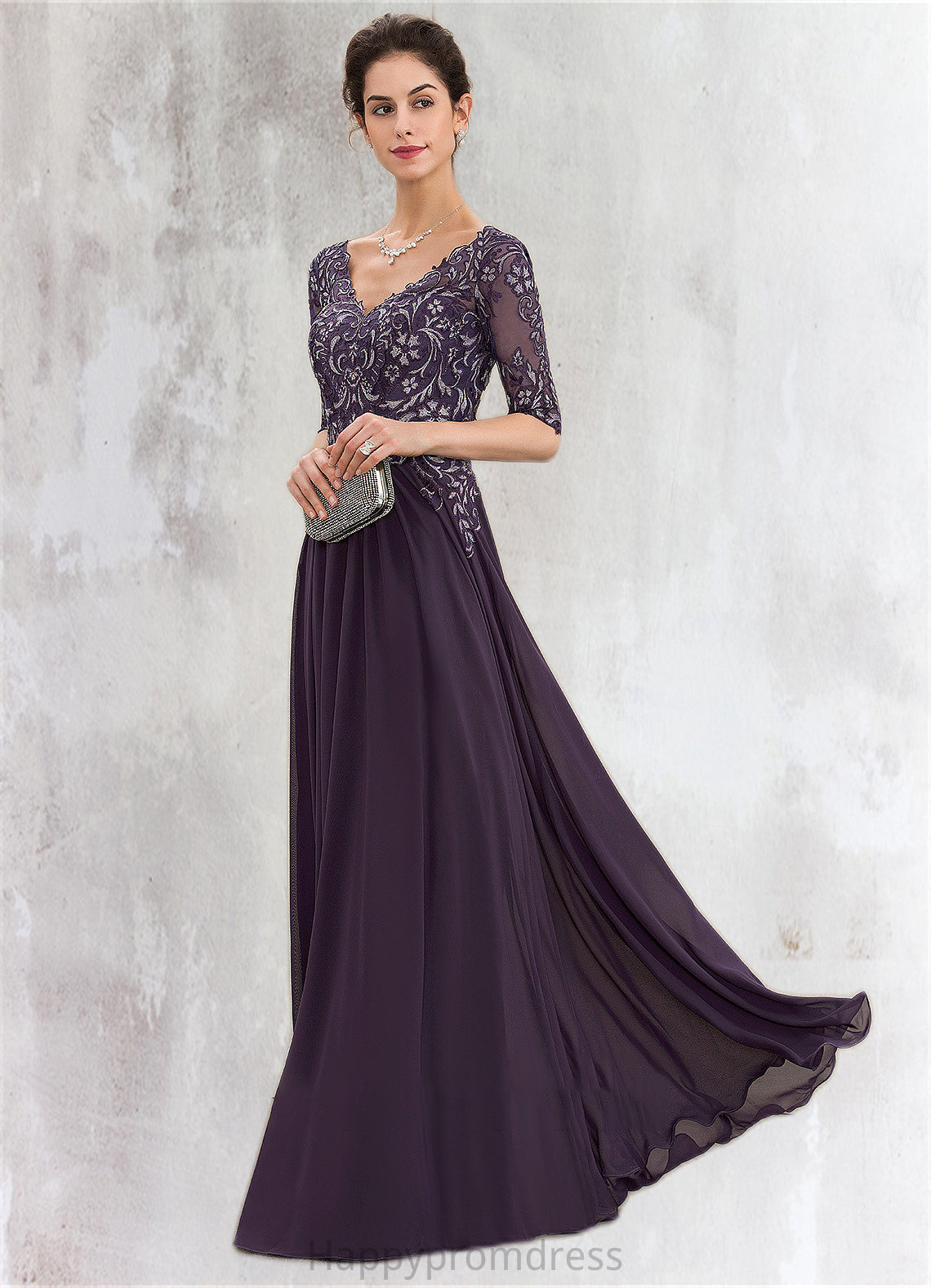 Thelma A-Line V-neck Floor-Length Chiffon Lace Mother of the Bride Dress XXS126P0014678