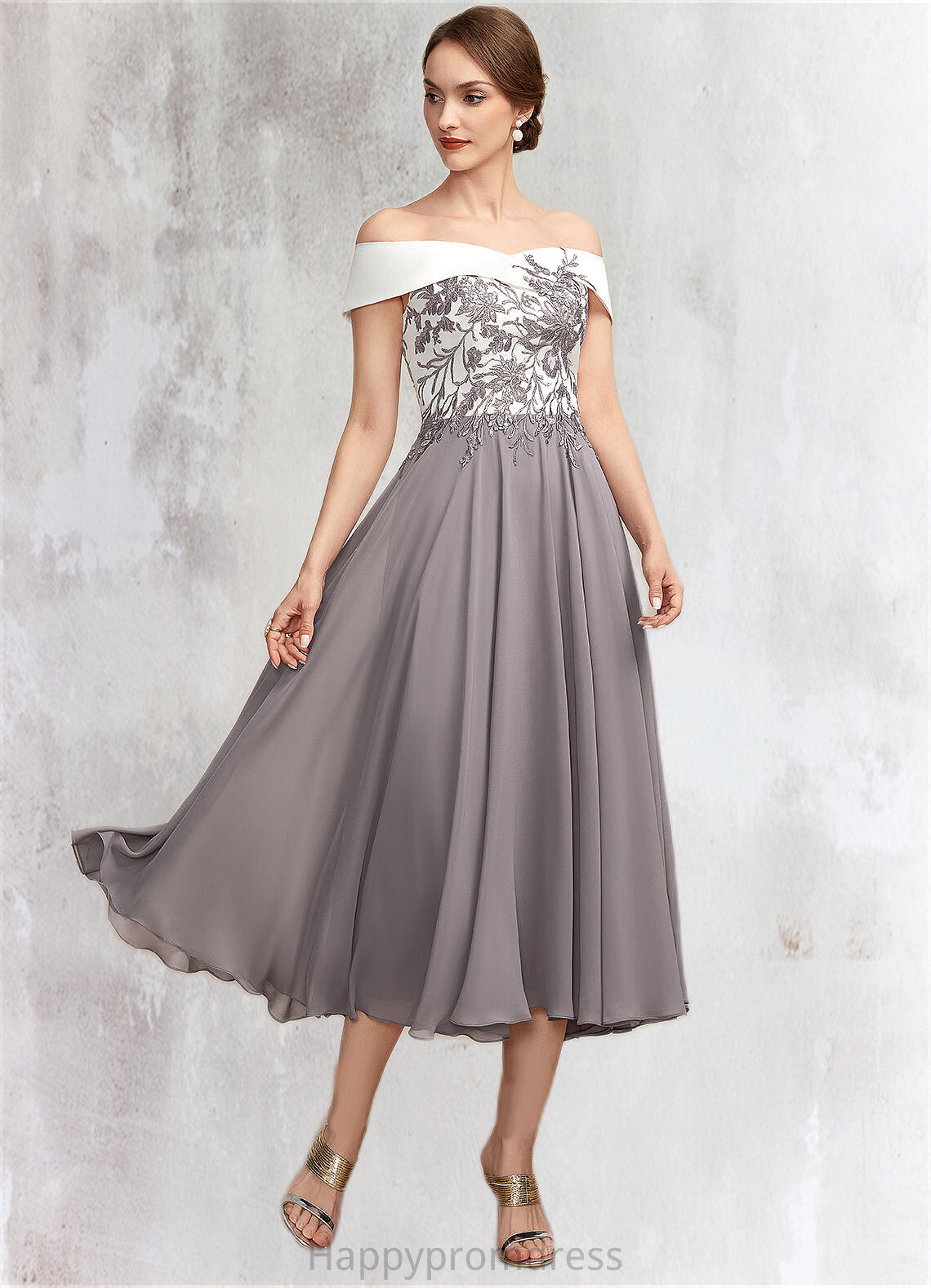 Aria A-Line Off-the-Shoulder Tea-Length Chiffon Lace Mother of the Bride Dress XXS126P0014680