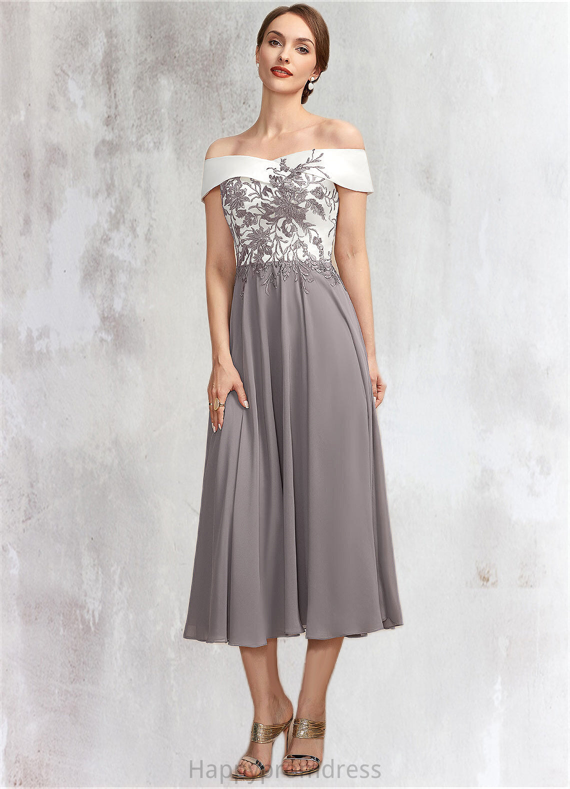 Aria A-Line Off-the-Shoulder Tea-Length Chiffon Lace Mother of the Bride Dress XXS126P0014680