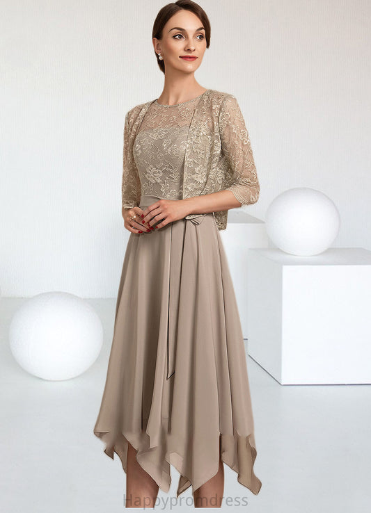 Aileen A-Line Scoop Neck Tea-Length Chiffon Lace Mother of the Bride Dress With Bow(s) XXS126P0014681