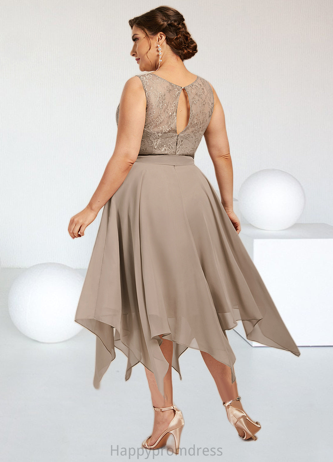 Aileen A-Line Scoop Neck Tea-Length Chiffon Lace Mother of the Bride Dress With Bow(s) XXS126P0014681