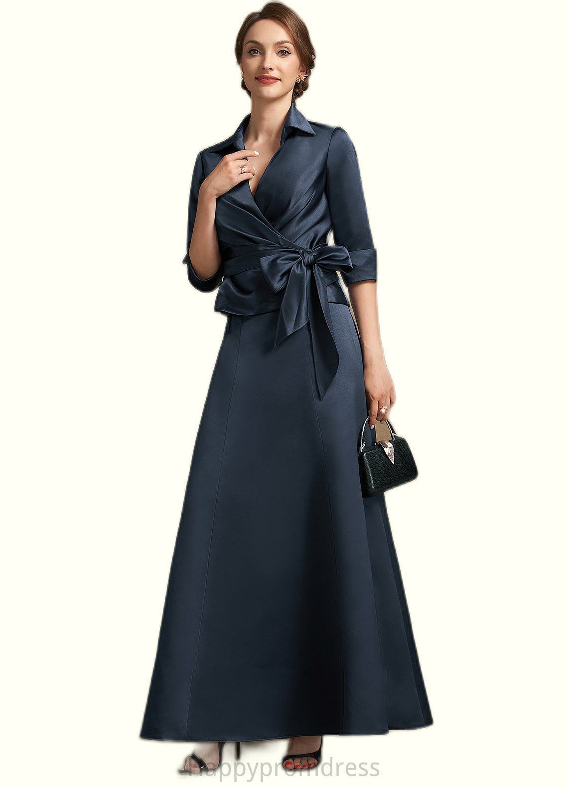 Ayana A-Line V-neck Ankle-Length Satin Mother of the Bride Dress With Bow(s) XXS126P0014683