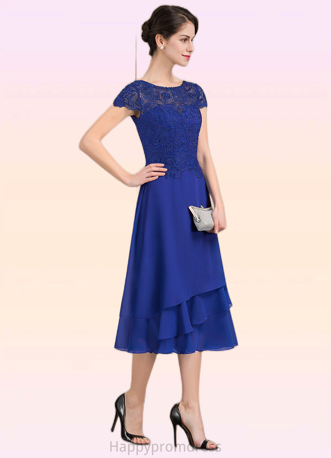 Cristal A-Line Scoop Neck Tea-Length Chiffon Lace Mother of the Bride Dress XXS126P0014685