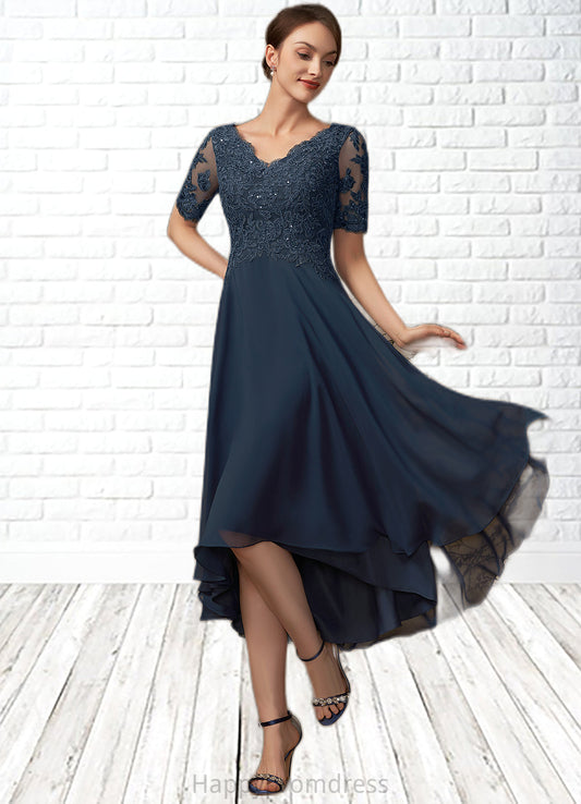 Heather A-line V-Neck Asymmetrical Chiffon Lace Mother of the Bride Dress With Sequins XXS126P0014686