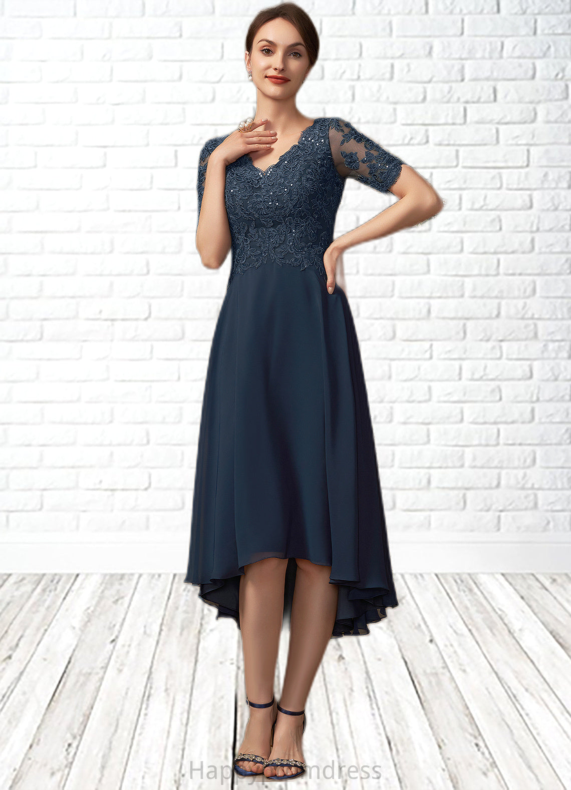 Heather A-line V-Neck Asymmetrical Chiffon Lace Mother of the Bride Dress With Sequins XXS126P0014686