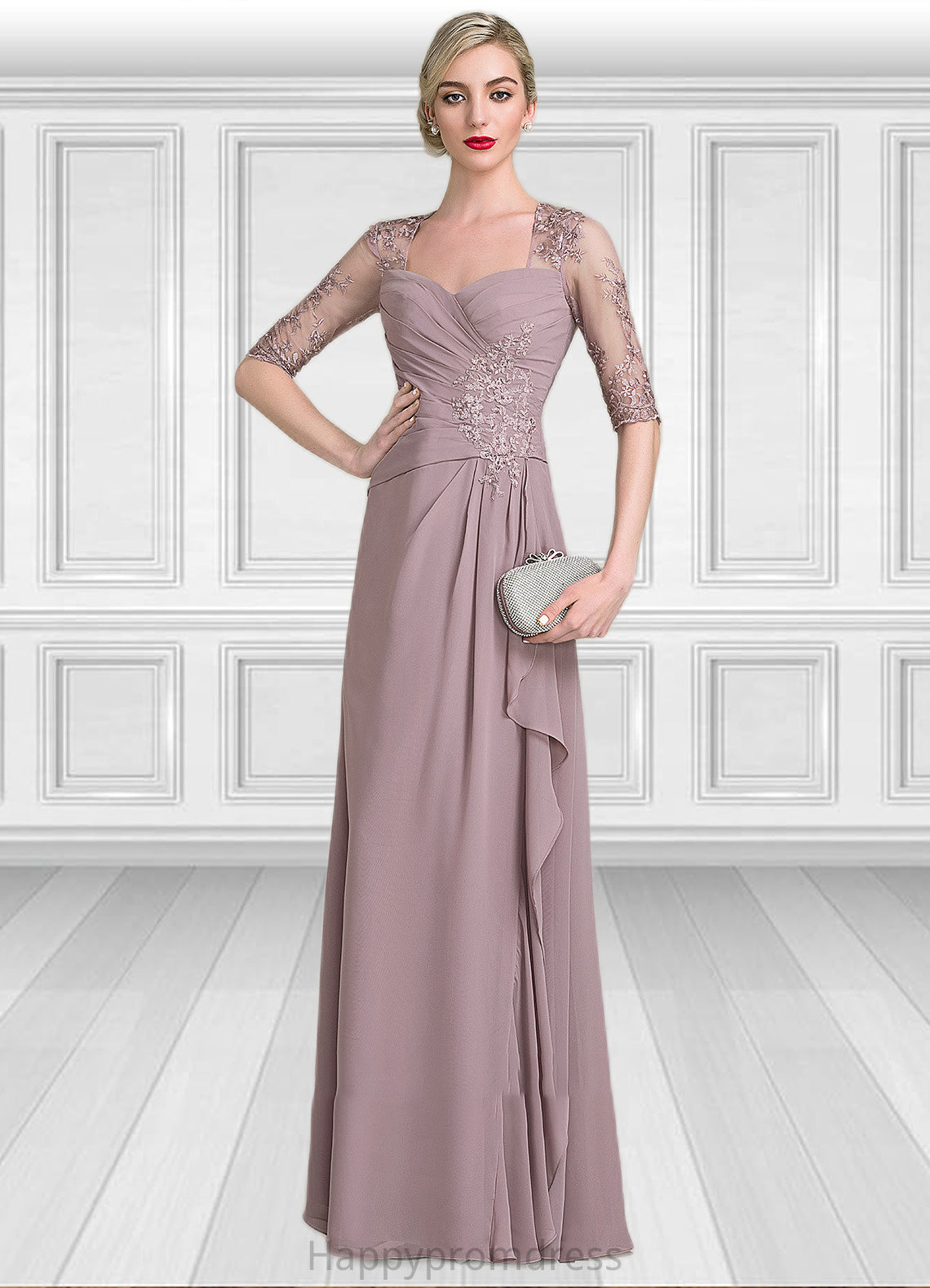 Silvia A-Line Sweetheart Floor-Length Chiffon Lace Mother of the Bride Dress With Beading Sequins Cascading Ruffles XXS126P0014692