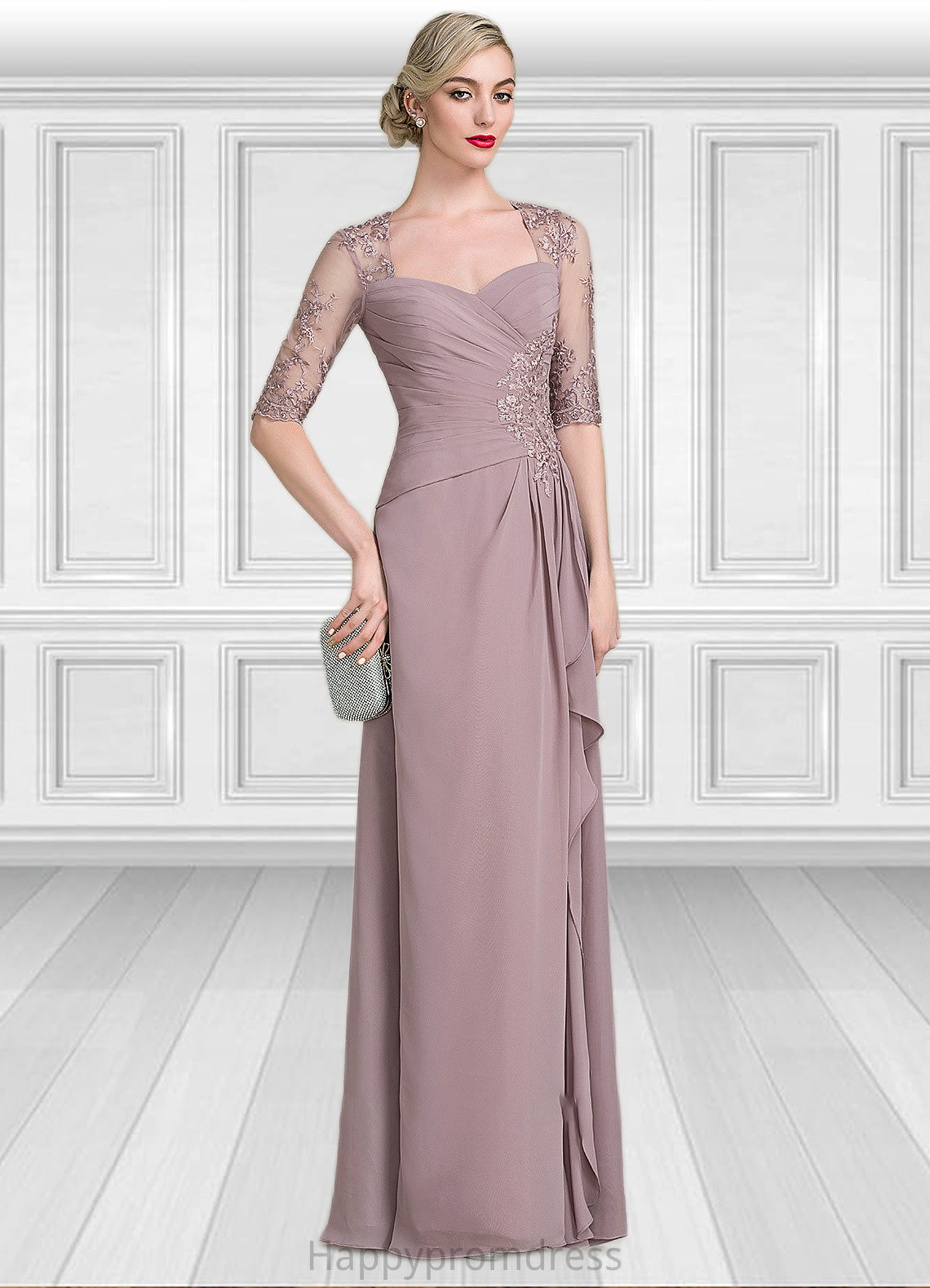 Silvia A-Line Sweetheart Floor-Length Chiffon Lace Mother of the Bride Dress With Beading Sequins Cascading Ruffles XXS126P0014692