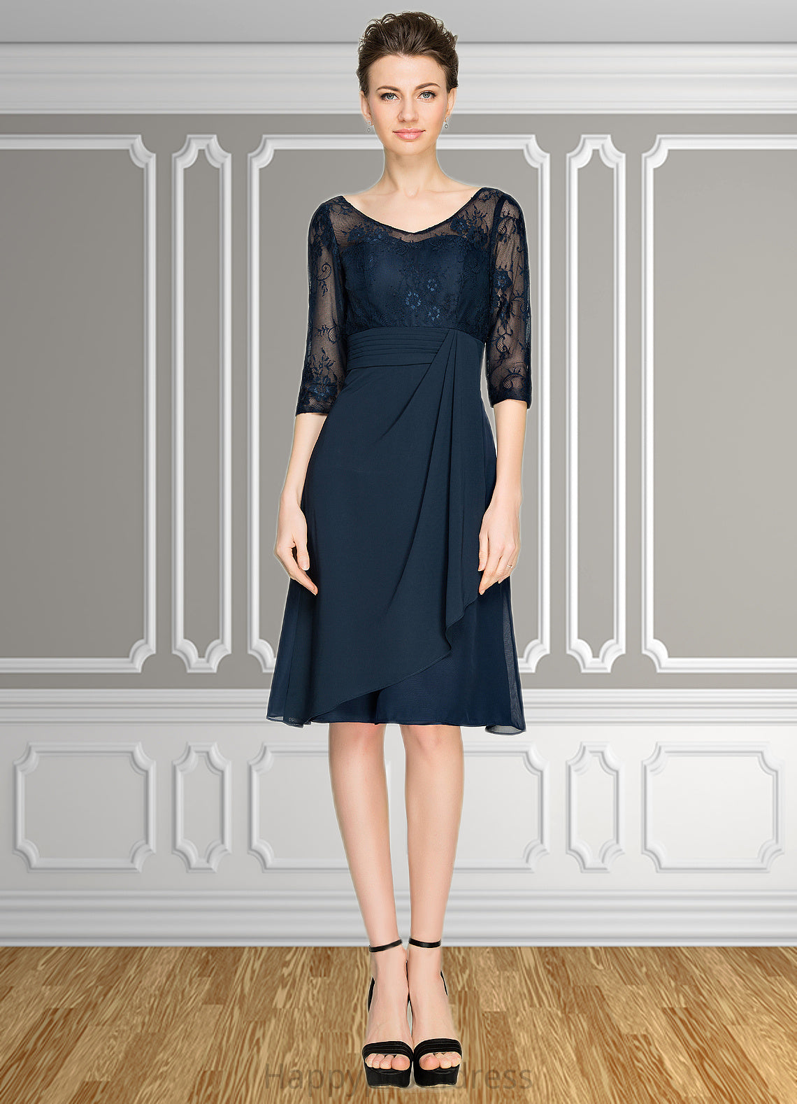 Selina A-Line V-neck Knee-Length Chiffon Lace Mother of the Bride Dress With Cascading Ruffles XXS126P0014695