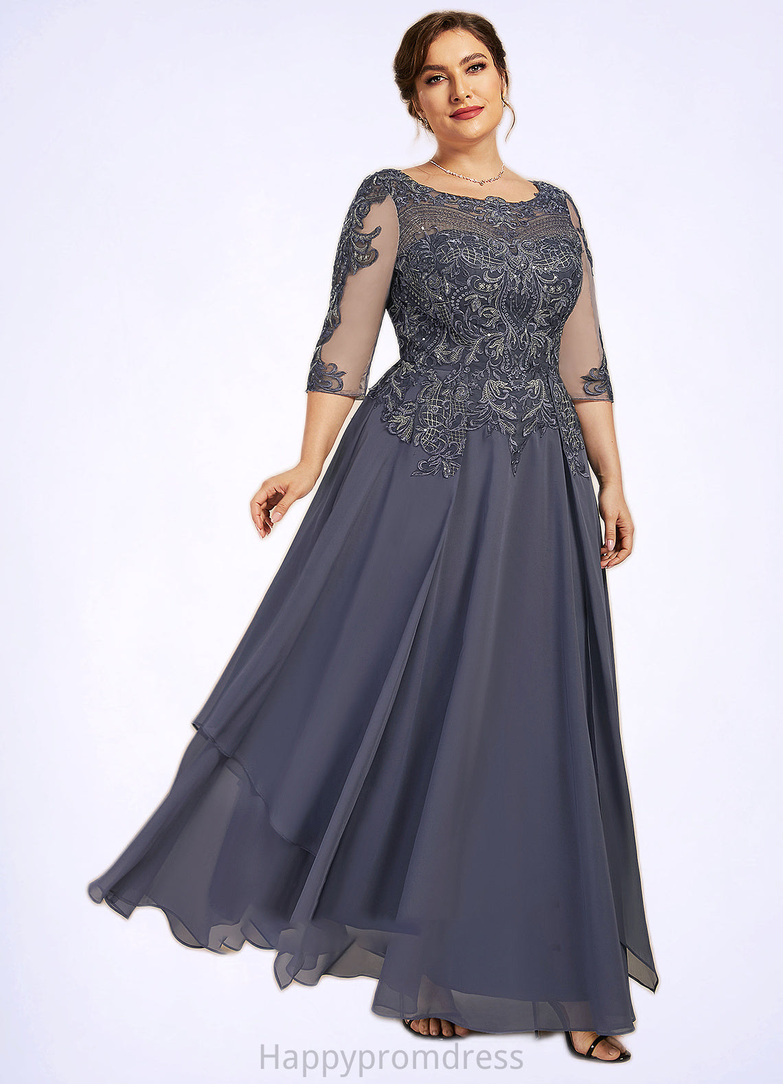 Cora A-Line Scoop Neck Ankle-Length Chiffon Lace Mother of the Bride Dress With Cascading Ruffles XXS126P0014698