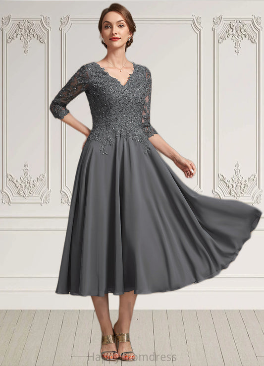 Alison A-line V-Neck Tea-Length Chiffon Lace Mother of the Bride Dress With Beading Sequins XXS126P0014702