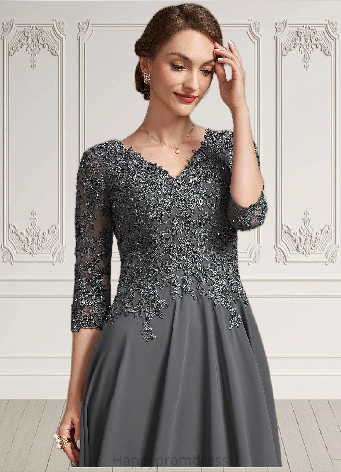 Alison A-line V-Neck Tea-Length Chiffon Lace Mother of the Bride Dress With Beading Sequins XXS126P0014702