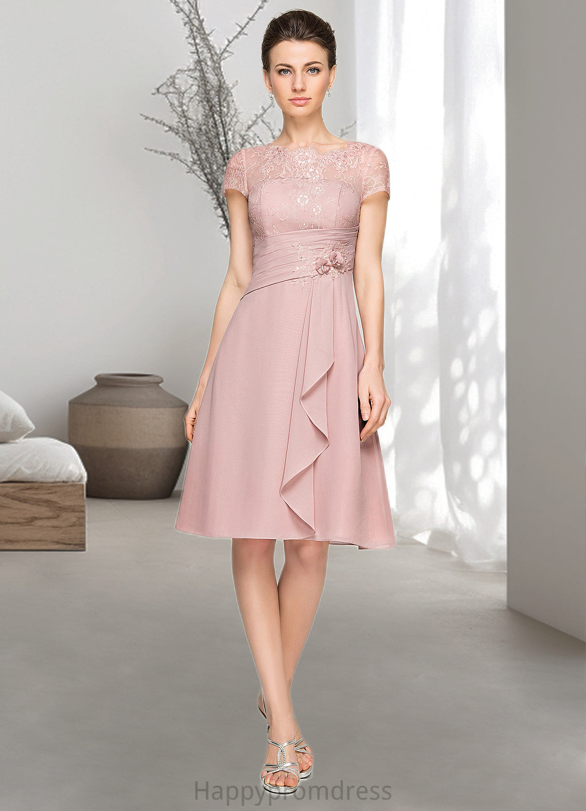 Grace A-Line Scoop Neck Knee-Length Chiffon Lace Mother of the Bride Dress With Beading Flower(s) Sequins Cascading Ruffles XXS126P0014704