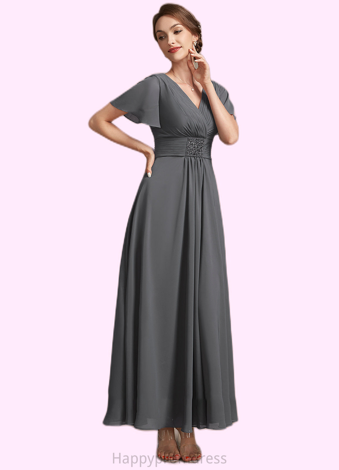 Evangeline A-Line V-neck Ankle-Length Chiffon Mother of the Bride Dress With Ruffle Beading XXS126P0014709