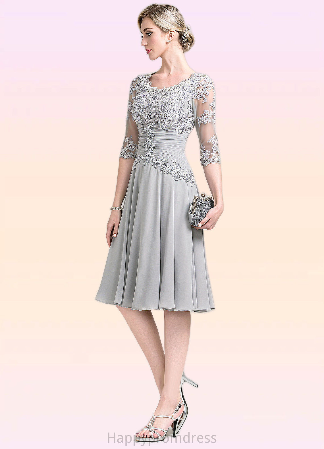 Isabella A-Line Scoop Neck Knee-Length Chiffon Mother of the Bride Dress With Ruffle Appliques Lace XXS126P0014715