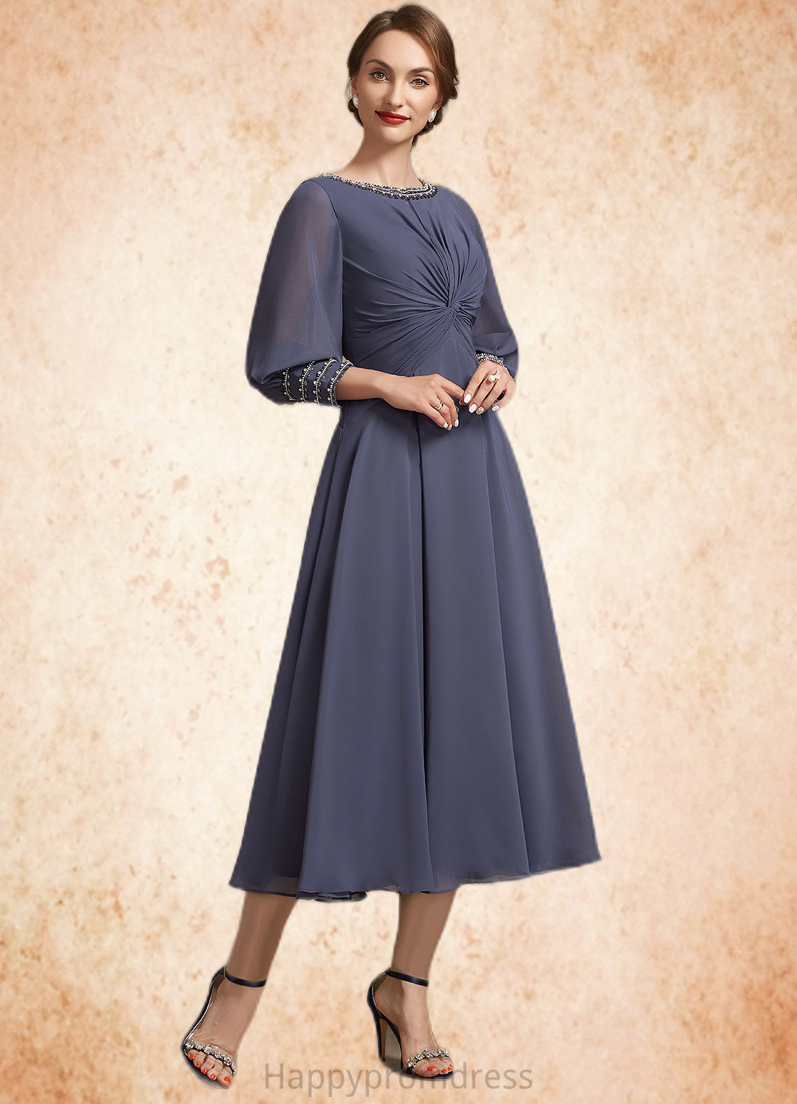 Estrella A-Line Scoop Neck Tea-Length Chiffon Mother of the Bride Dress With Ruffle Beading XXS126P0014718
