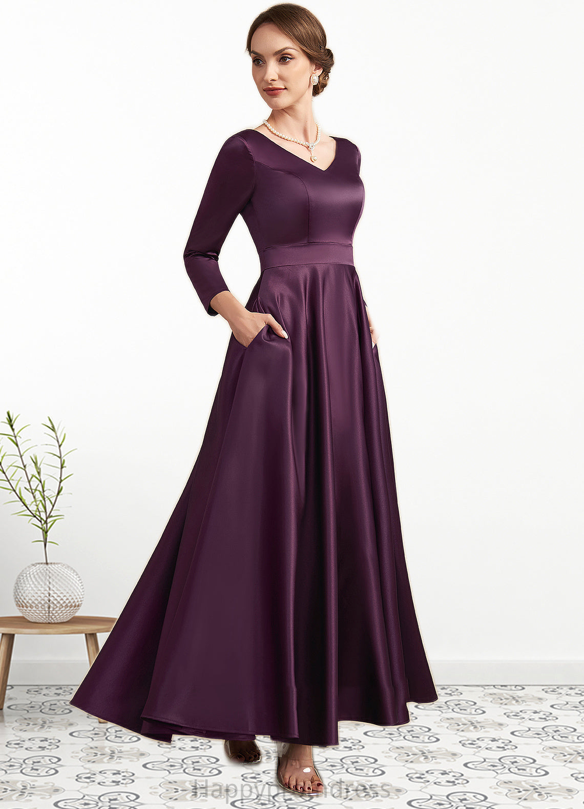 Jo A-Line V-neck Ankle-Length Satin Mother of the Bride Dress With Pockets XXS126P0014720