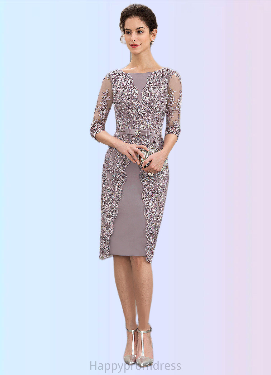 Zoey Sheath/Column Scoop Neck Knee-Length Satin Lace Mother of the Bride Dress With Beading Bow(s) XXS126P0014727
