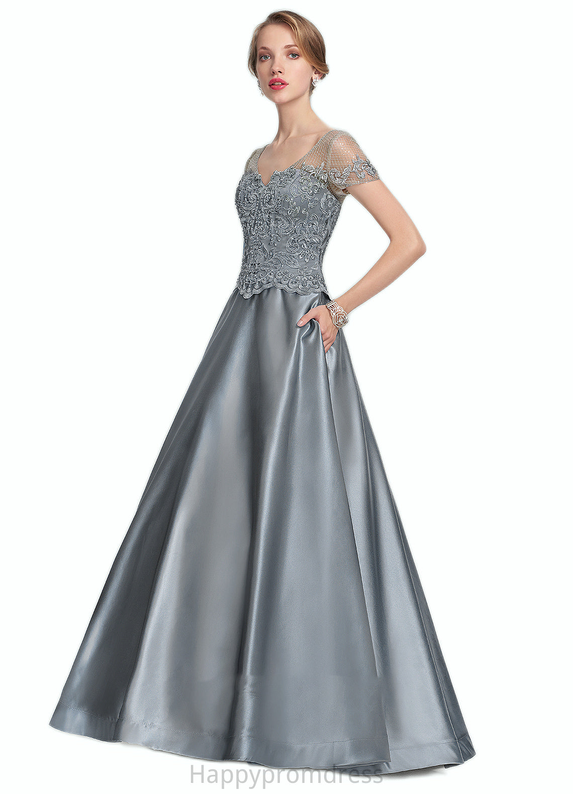 Hailee A-Line V-neck Floor-Length Satin Lace Mother of the Bride Dress With Beading Sequins XXS126P0014730