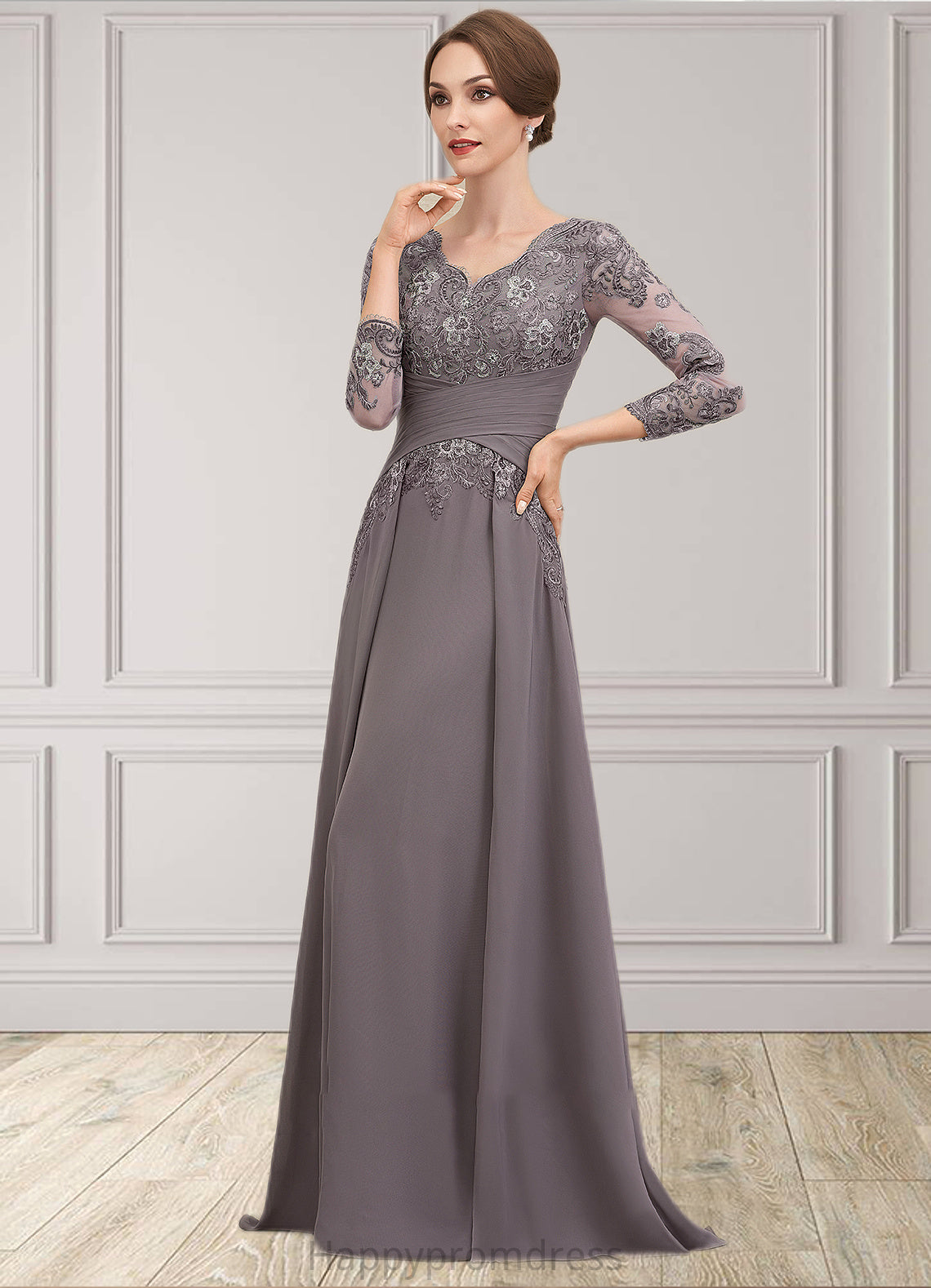 Giovanna A-Line V-neck Floor-Length Chiffon Lace Mother of the Bride Dress With Ruffle XXS126P0014735