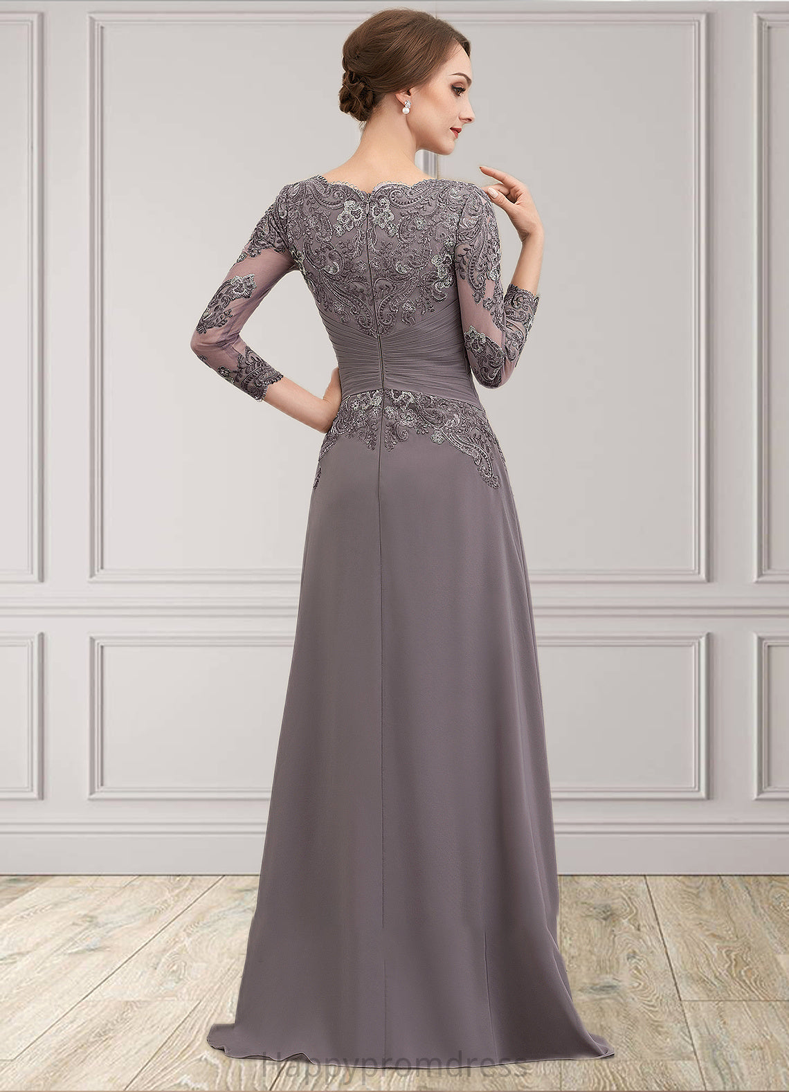 Giovanna A-Line V-neck Floor-Length Chiffon Lace Mother of the Bride Dress With Ruffle XXS126P0014735