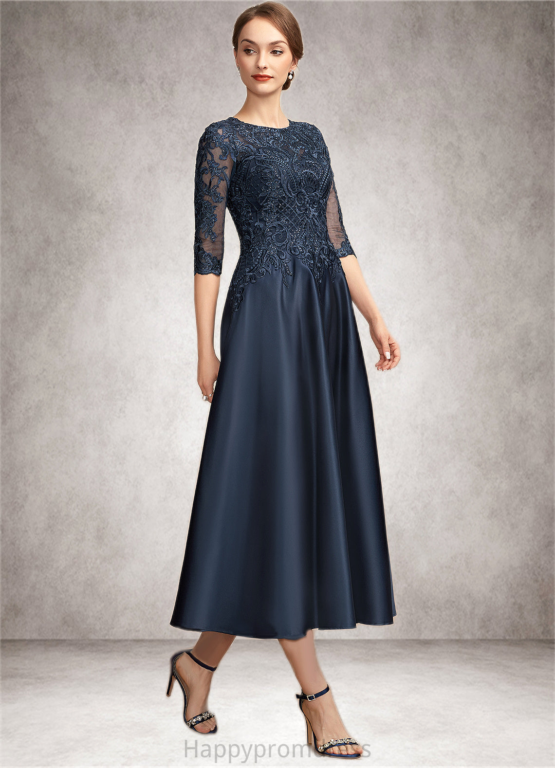 Rylee A-Line Scoop Neck Tea-Length Satin Lace Mother of the Bride Dress With Sequins XXS126P0014736