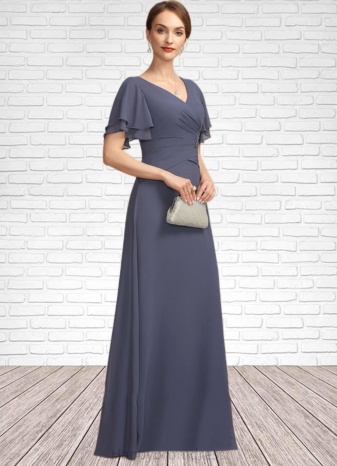 Leah A-Line V-neck Floor-Length Chiffon Mother of the Bride Dress With Ruffle Beading XXS126P0014737