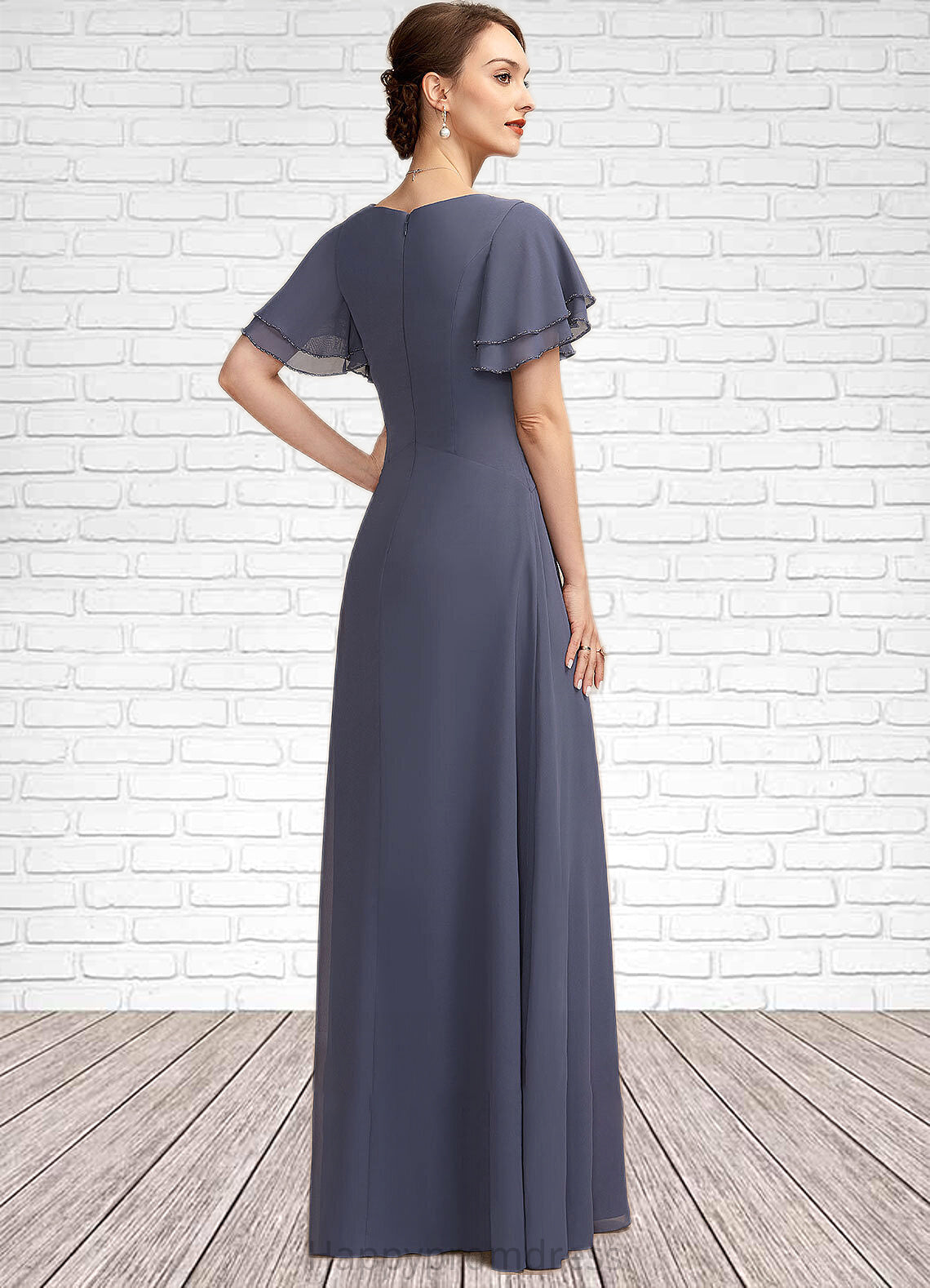Leah A-Line V-neck Floor-Length Chiffon Mother of the Bride Dress With Ruffle Beading XXS126P0014737