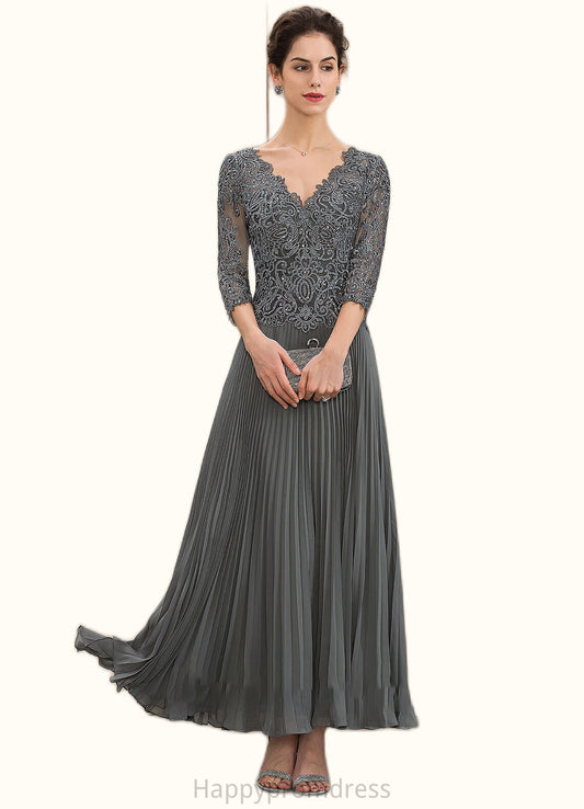 Moira A-Line V-neck Ankle-Length Chiffon Lace Mother of the Bride Dress With Sequins Pleated XXS126P0014745
