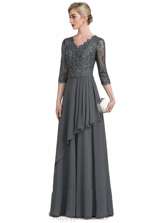 Jewel A-Line V-neck Floor-Length Chiffon Lace Mother of the Bride Dress With Beading Sequins Cascading Ruffles XXS126P0014756