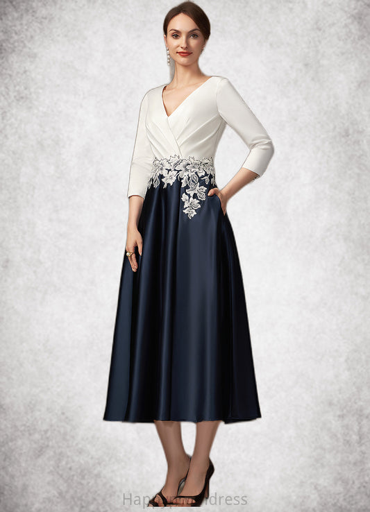 Angelique A-Line V-neck Tea-Length Satin Mother of the Bride Dress With Ruffle Appliques Lace Pockets XXS126P0014778