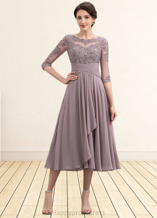 Riley A-Line Scoop Neck Tea-Length Chiffon Lace Mother of the Bride Dress With Cascading Ruffles XXS126P0014780