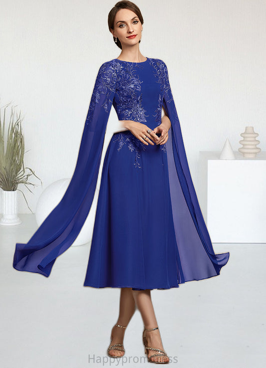 Viv A-Line Scoop Neck Tea-Length Chiffon Lace Mother of the Bride Dress With Sequins XXS126P0014960
