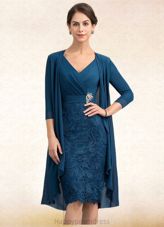Kristen Sheath/Column V-neck Knee-Length Chiffon Lace Mother of the Bride Dress With Crystal Brooch XXS126P0014972