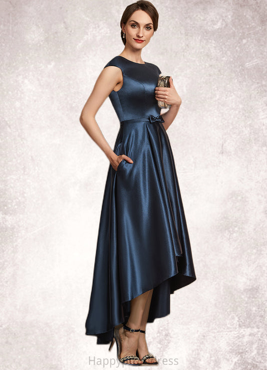 Jaylene A-Line Scoop Neck Asymmetrical Satin Mother of the Bride Dress With Bow(s) Pockets XXS126P0014976