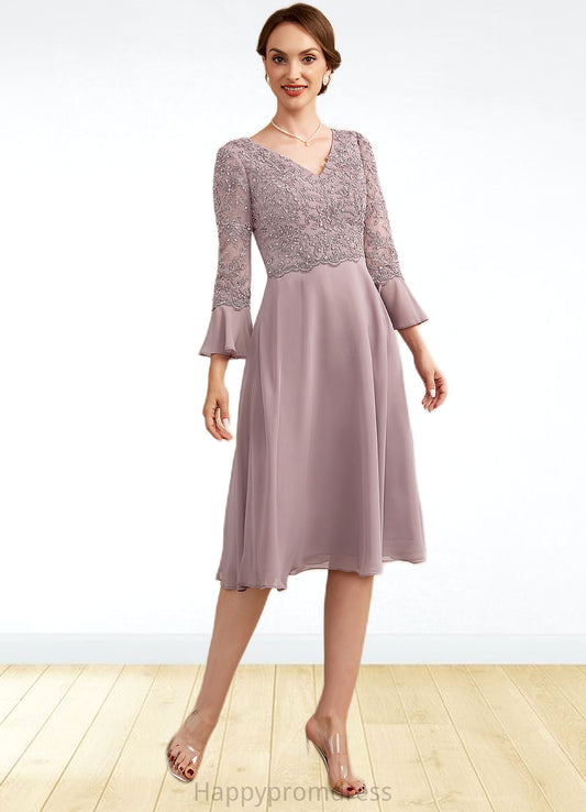Layla A-Line V-neck Knee-Length Chiffon Lace Mother of the Bride Dress With Sequins Cascading Ruffles XXS126P0014977