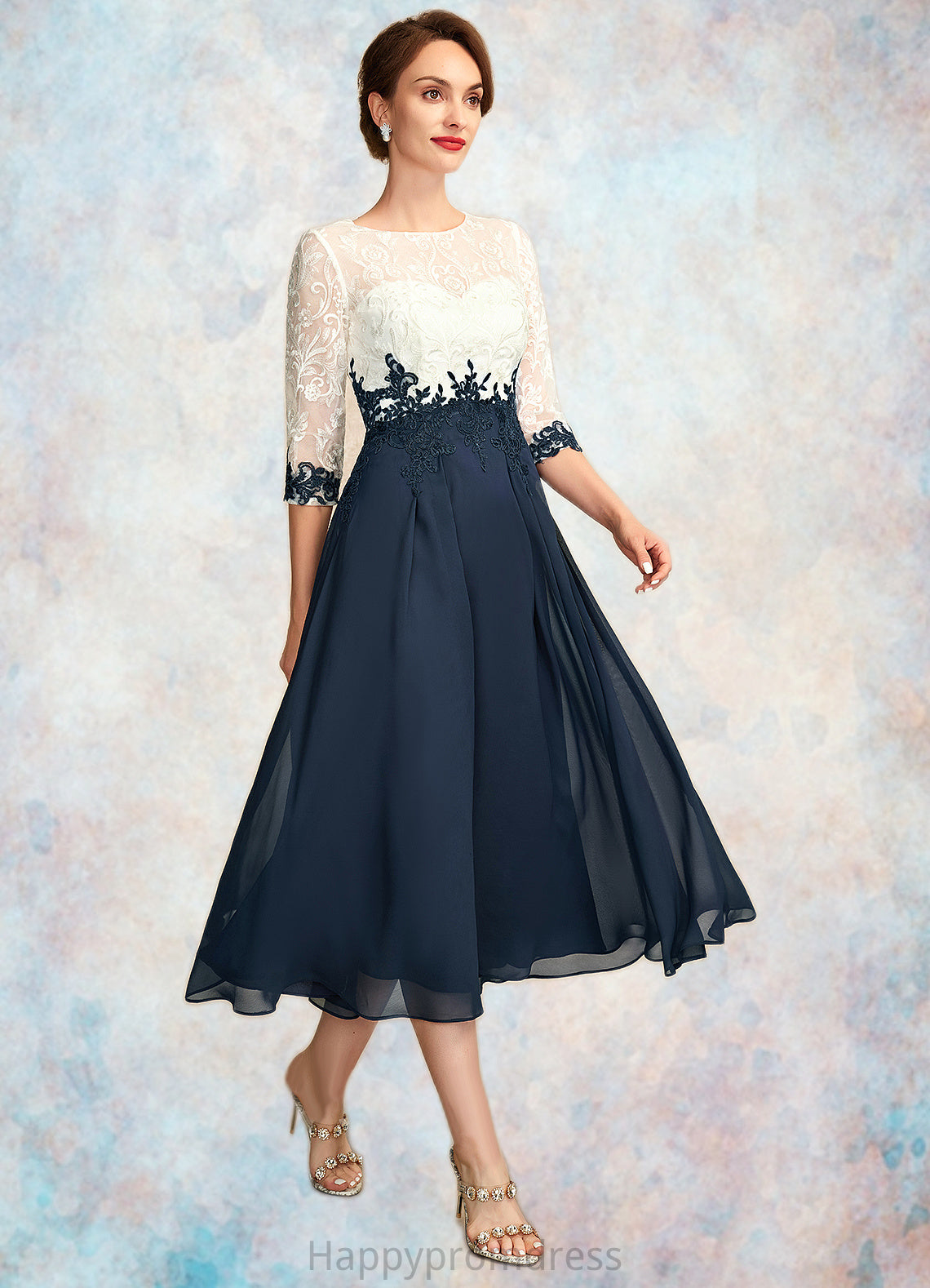 Kaitlyn A-Line Scoop Neck Tea-Length Chiffon Lace Mother of the Bride Dress XXS126P0015002