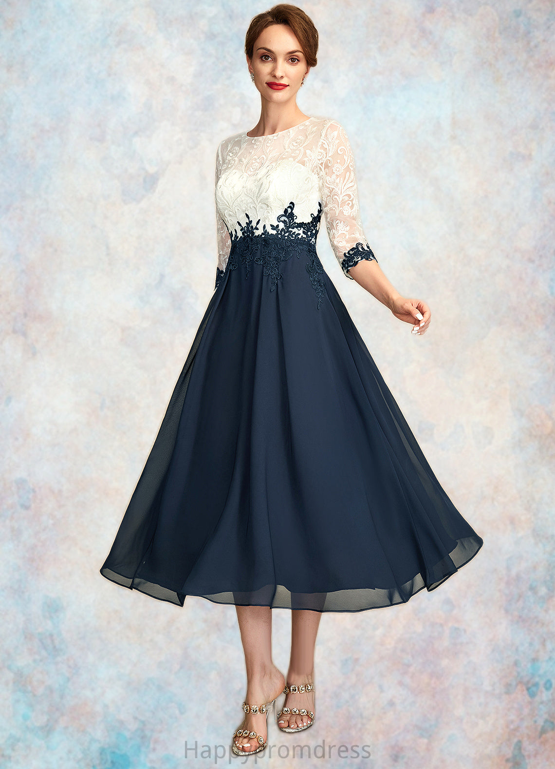 Kaitlyn A-Line Scoop Neck Tea-Length Chiffon Lace Mother of the Bride Dress XXS126P0015002