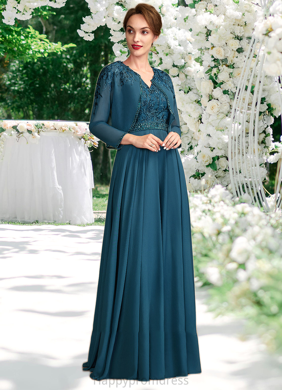 Miracle A-Line V-neck Floor-Length Chiffon Lace Mother of the Bride Dress With Beading Sequins XXS126P0015004