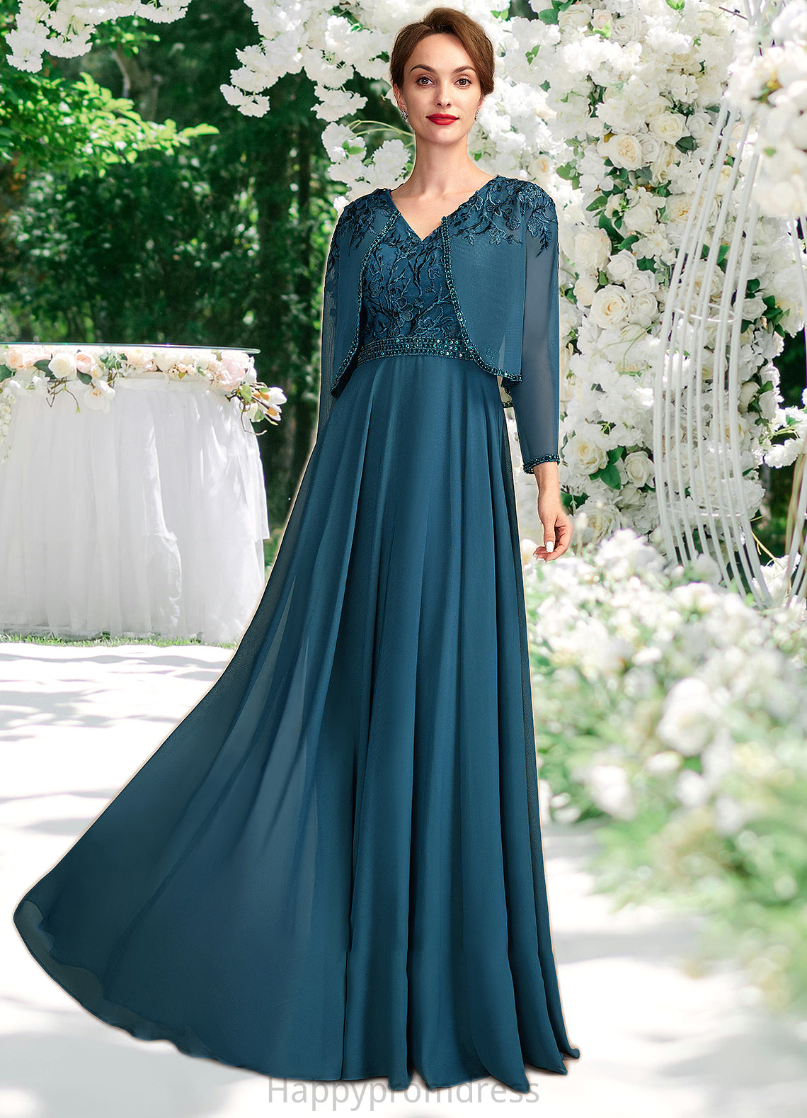 Miracle A-Line V-neck Floor-Length Chiffon Lace Mother of the Bride Dress With Beading Sequins XXS126P0015004