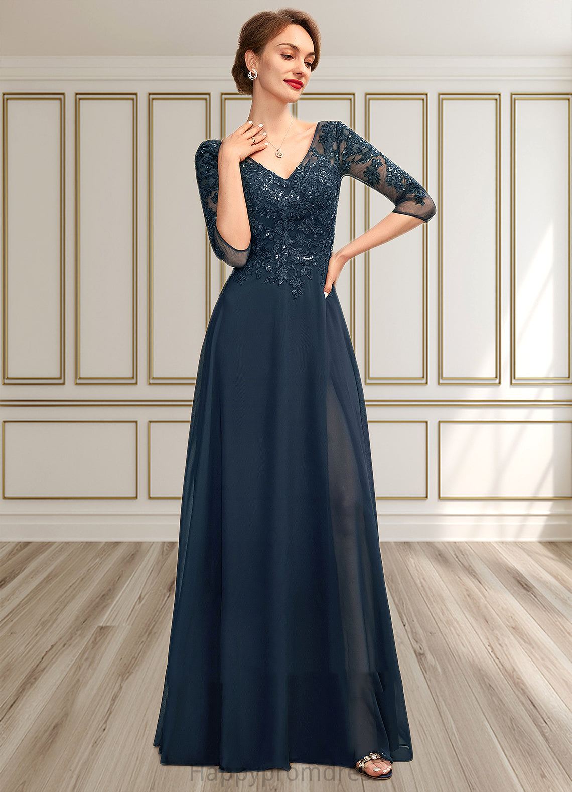Willow A-Line V-neck Floor-Length Chiffon Lace Mother of the Bride Dress With Sequins Split Front XXS126P0015014