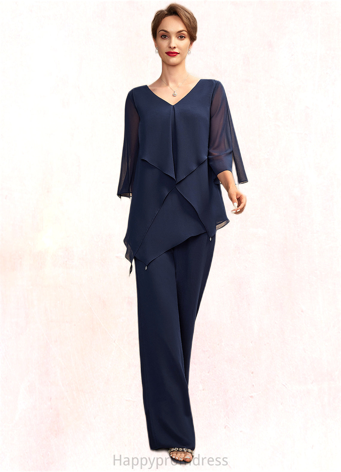 Sierra Jumpsuit/Pantsuit V-neck Floor-Length Chiffon Mother of the Bride Dress With Cascading Ruffles XXS126P0015019