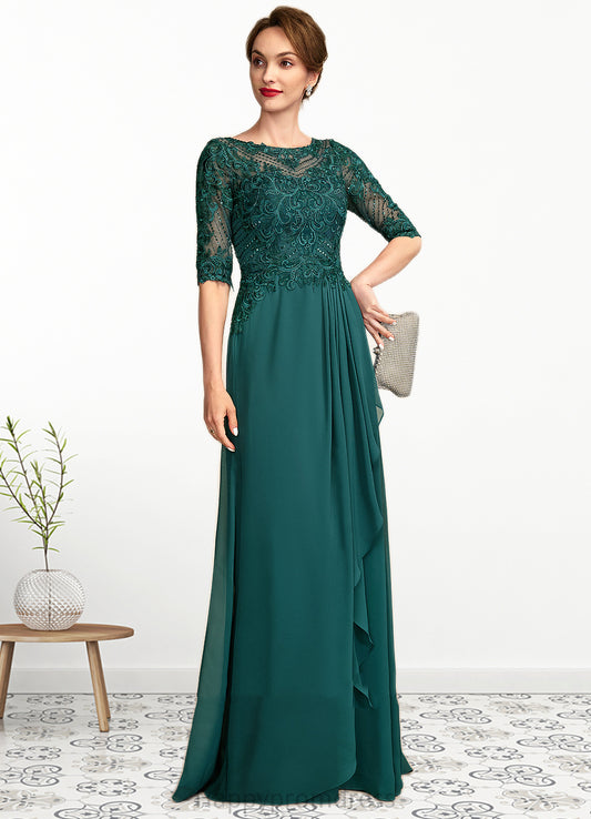 Taryn A-Line Scoop Neck Floor-Length Chiffon Lace Mother of the Bride Dress With Beading Sequins Cascading Ruffles XXS126P0015027