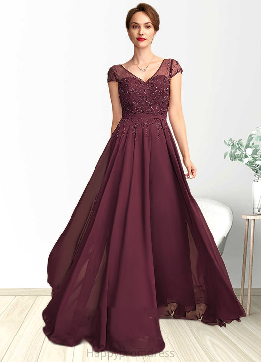 Amelie A-Line V-neck Floor-Length Chiffon Mother of the Bride Dress With Beading Sequins XXS126P0015028